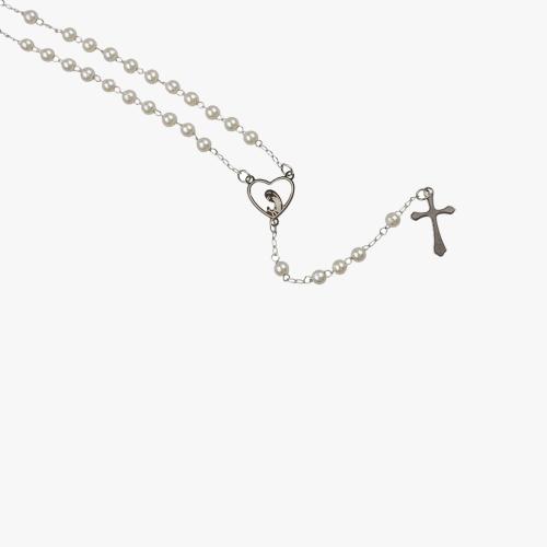 Terço Colar em Aço e Pérola
